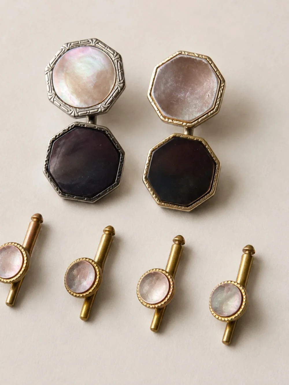 Vintage Mother-of-Pearl Cufflinks & 4 Shirt Studs Formal Dress Set